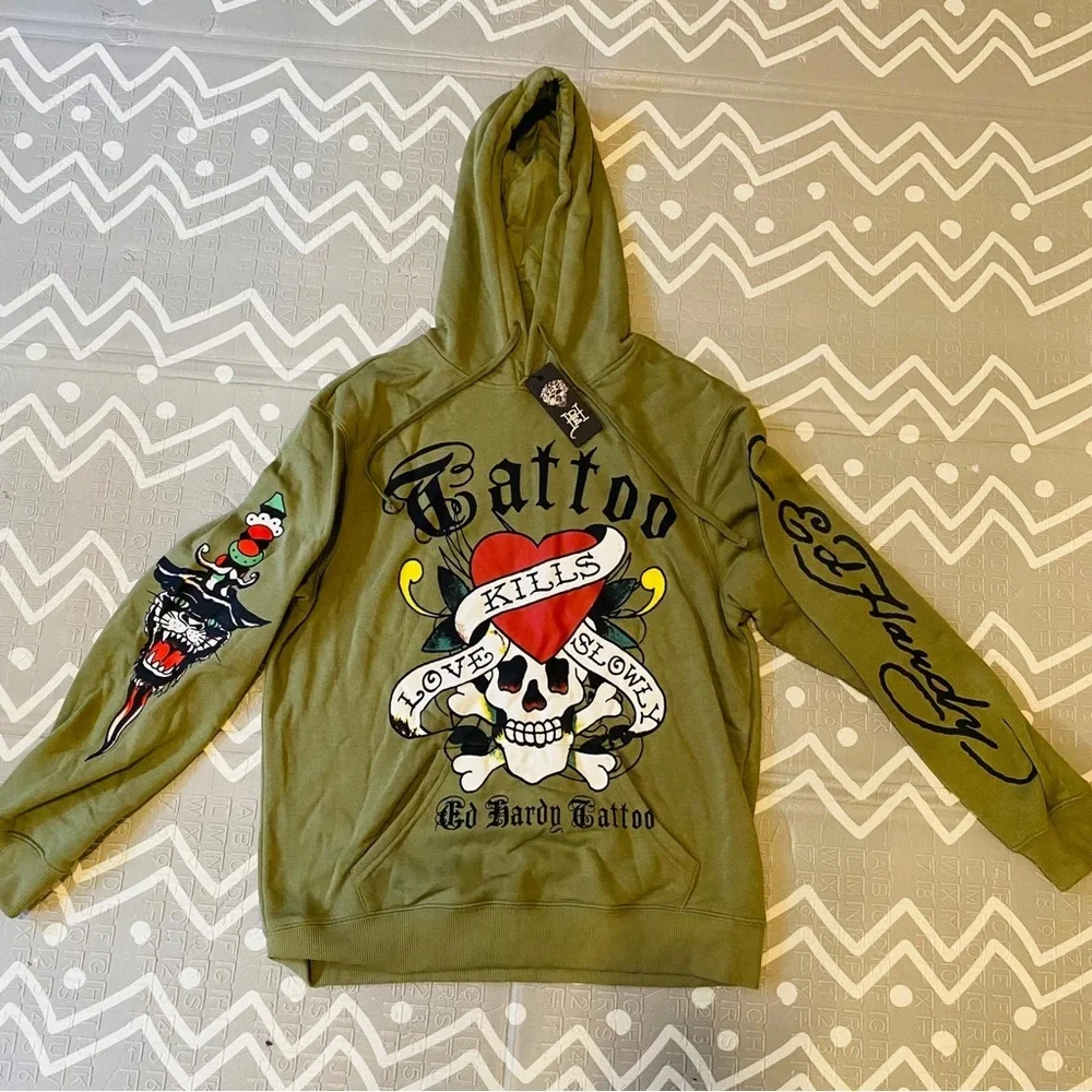 Vintage Retro Ed hardy graphic skull hoodie sweater medium